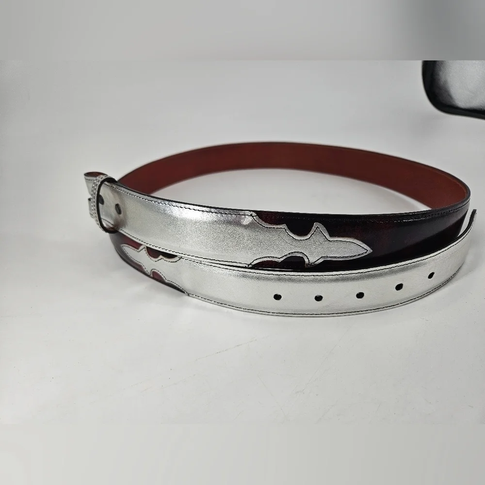Custom BLACK CHERRY w/ SILVER Genuine Leather Interchangeable BELT STRAP sz 47